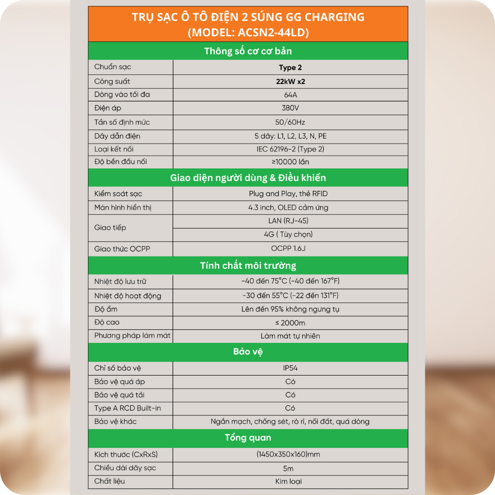 Trụ sạc AC 22kW x2 súng GG Charging ACSN2-44LD